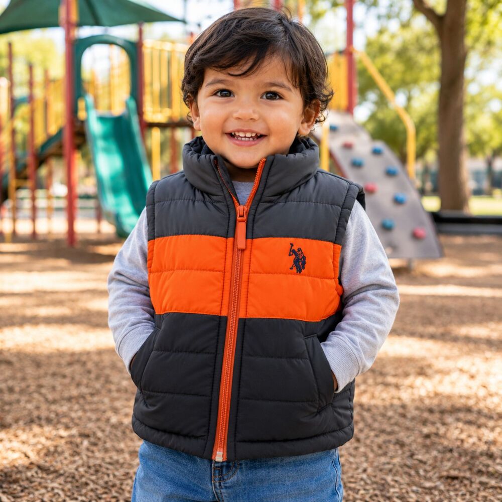 Toddler Puffer Vest Colorblock Gray Orange Black Zip Quilted Lightweight 2T Cute